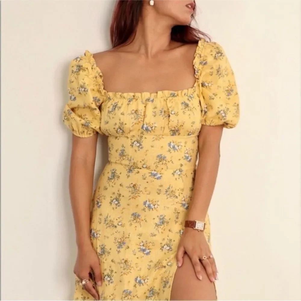 Reformation Jacqueline Linen Midi Dress in Yellow floral